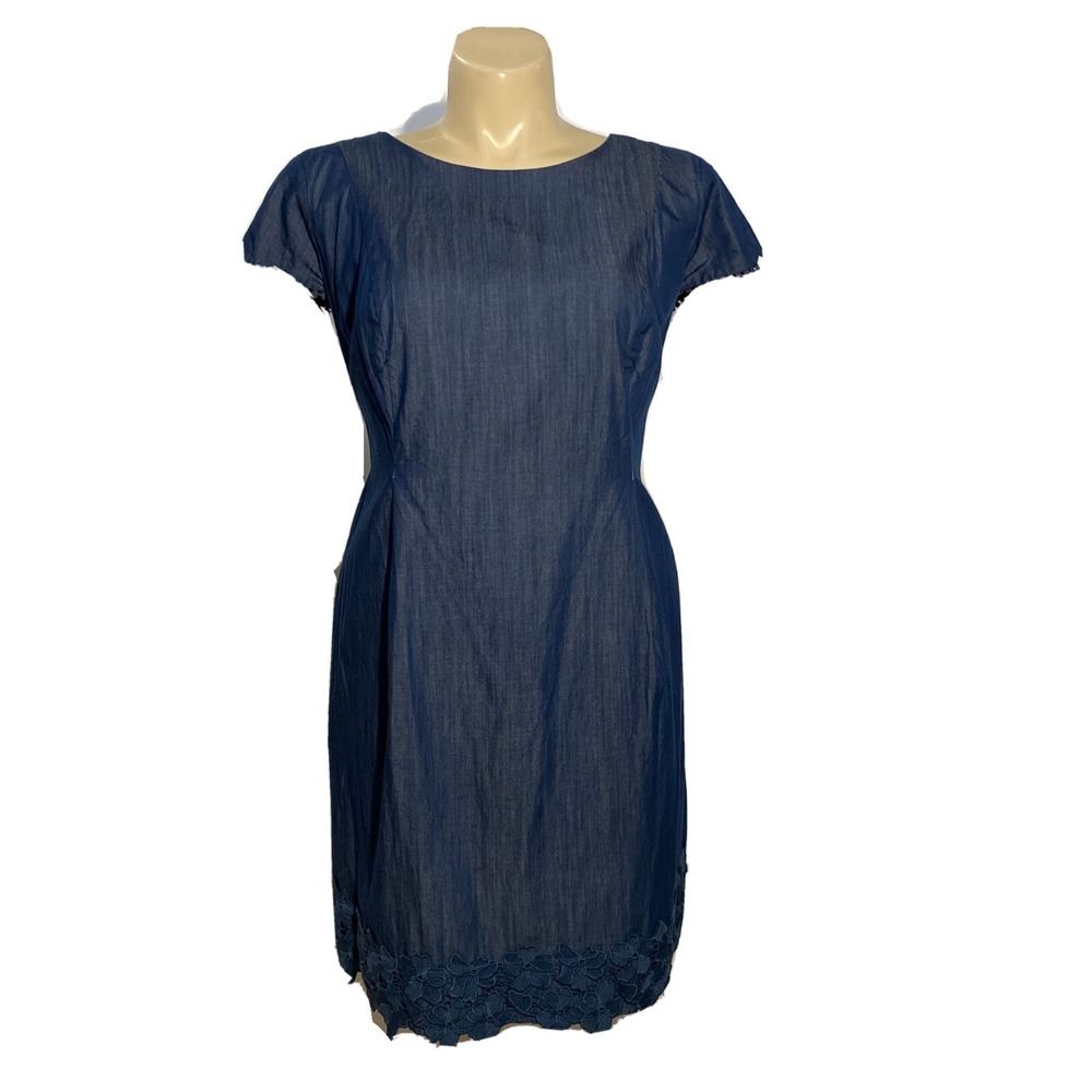 AGB Dress 14W Blue Denim Crochet Applique Floral Hem Lace Pocket Cap Sl